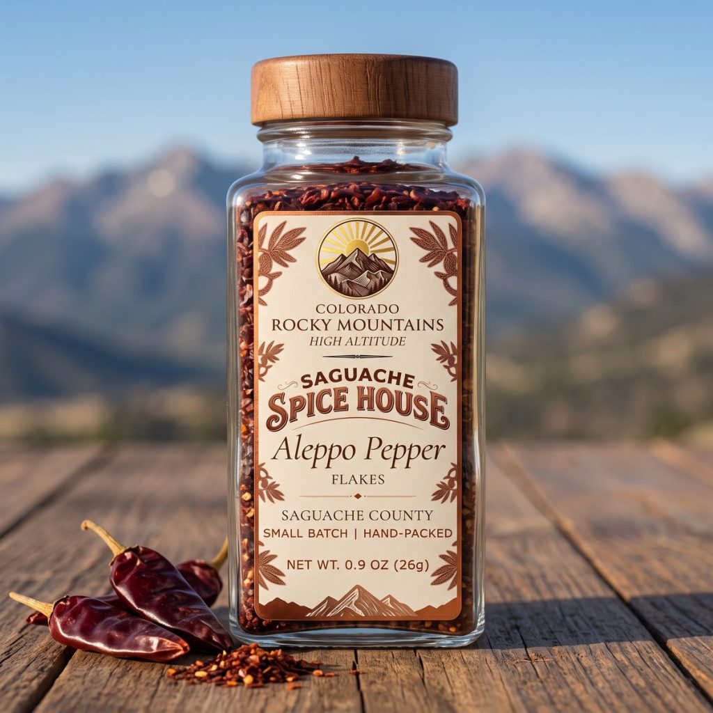 Aleppo Pepper, flakes, in a Saguache Spice House glass jar with whole dried Aleppo peppers on a wooden table