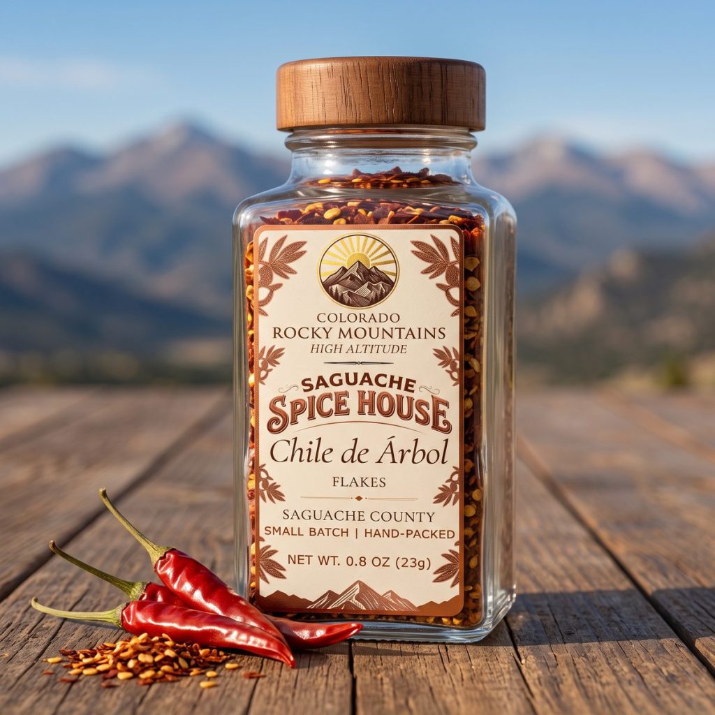 Chile de Árbol, flakes, in a Saguache Spice House glass jar with whole dried chile de árbol pods on a wooden table