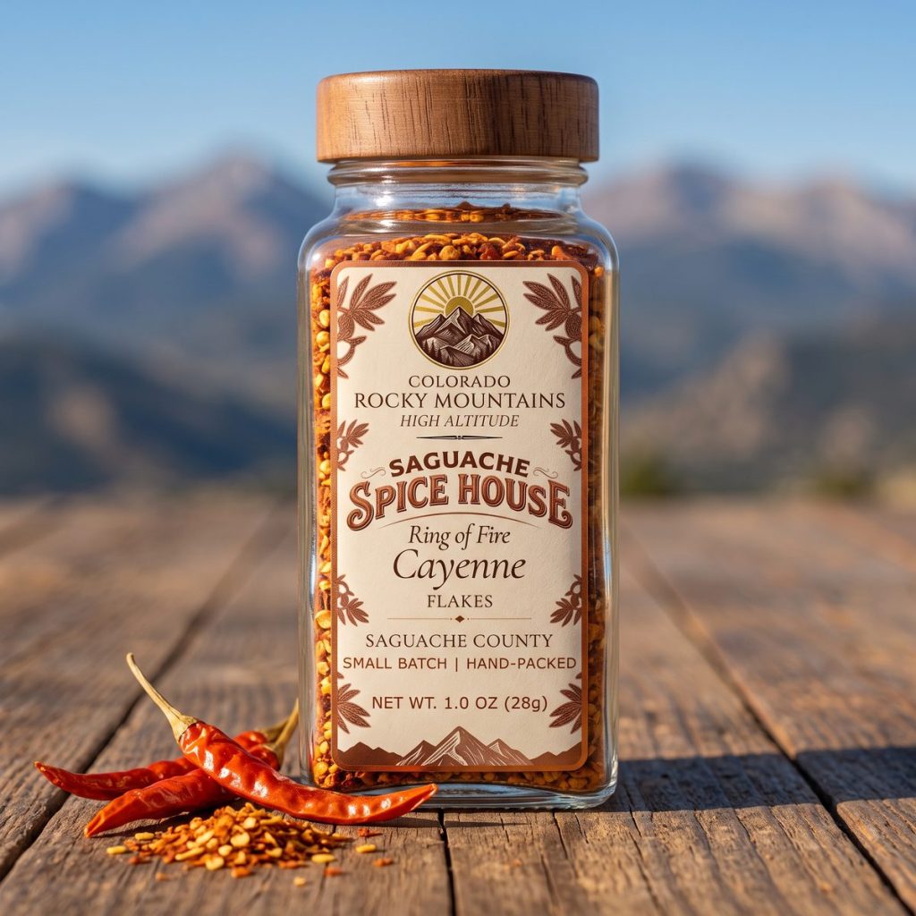 Ring of Fire Cayenne, flakes, in a Saguache Spice House glass jar with whole dried cayenne peppers on a wooden table