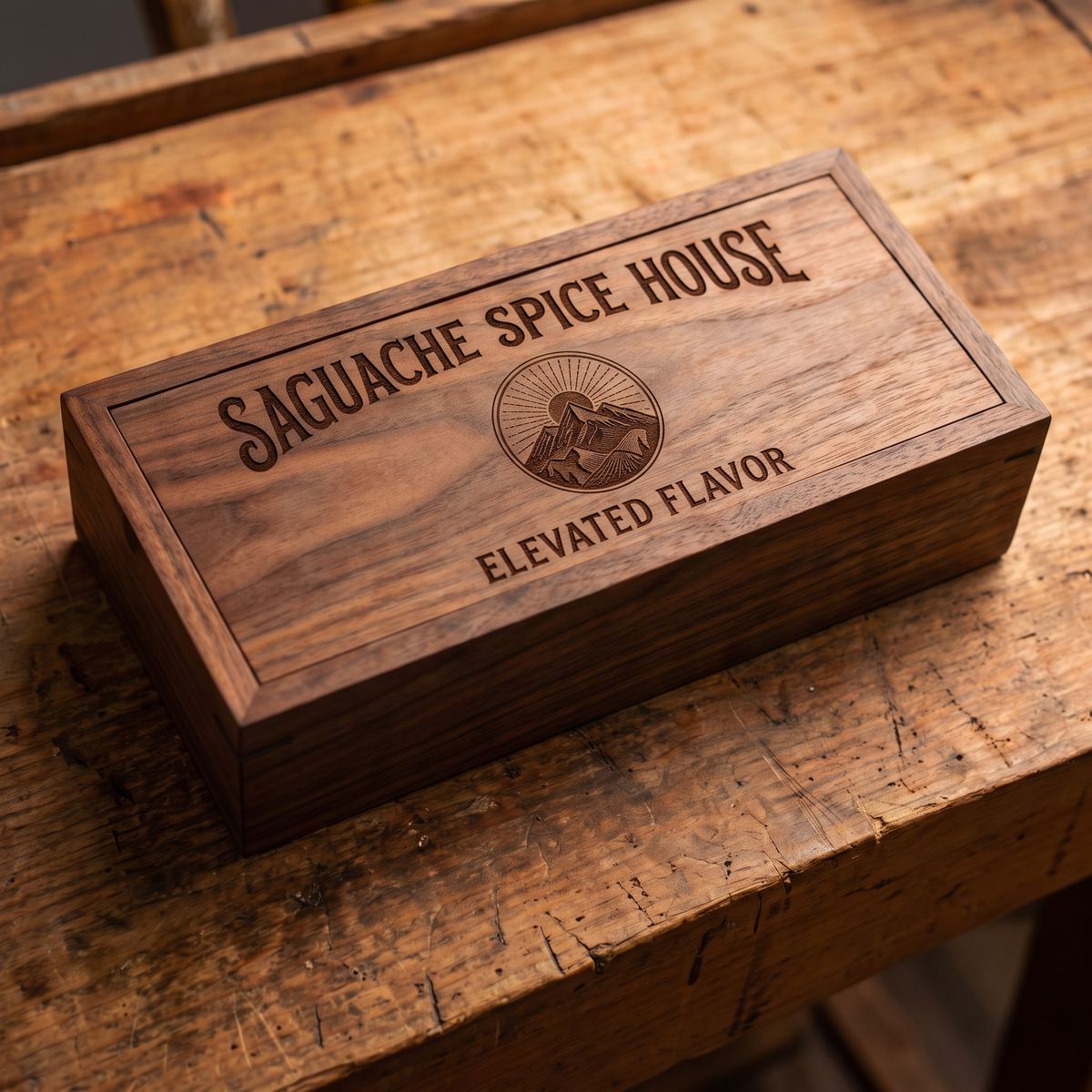 Saguache Spice House walnut gift box engraved with the mountain logo