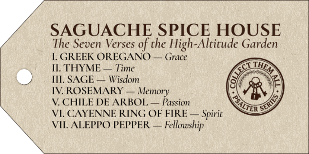 Saguache Spice House wooden hangtag listing the Seven Verses of the High-Altitude Garden