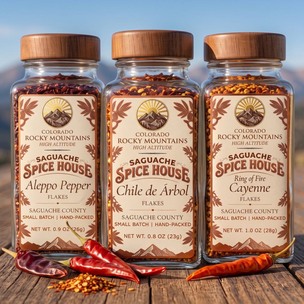 Chile Collection: three Saguache Spice House jars of Aleppo pepper, chile de árbol and Ring of Fire cayenne on a wooden table