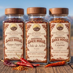 Chile Collection: three Saguache Spice House jars of Aleppo pepper, chile de árbol and Ring of Fire cayenne on a wooden table