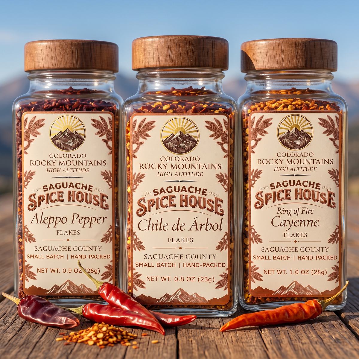 Chile Collection: three Saguache Spice House jars of Aleppo pepper, chile de árbol and Ring of Fire cayenne on a wooden table