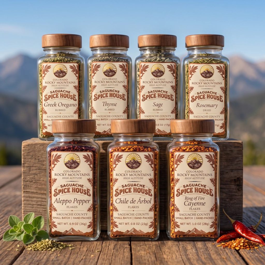 Full Pantry: all seven Saguache Spice House herb and chile jars on a wooden table