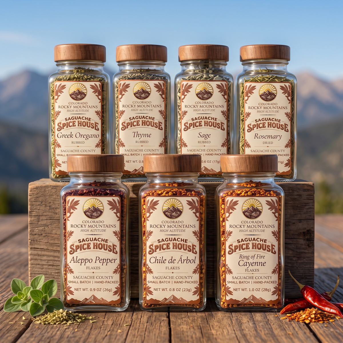 Full Pantry: all seven Saguache Spice House herb and chile jars on a wooden table