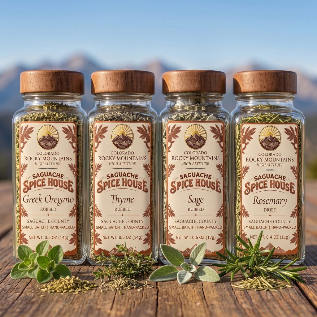 Herb Garden Collection: four Saguache Spice House jars of Greek oregano, thyme, sage and rosemary on a wooden table