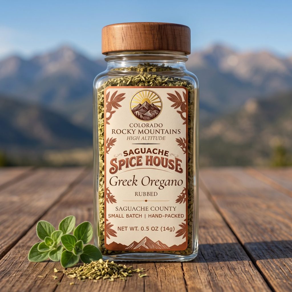 Greek Oregano, rubbed, in a Saguache Spice House glass jar with fresh oregano sprigs on a wooden table