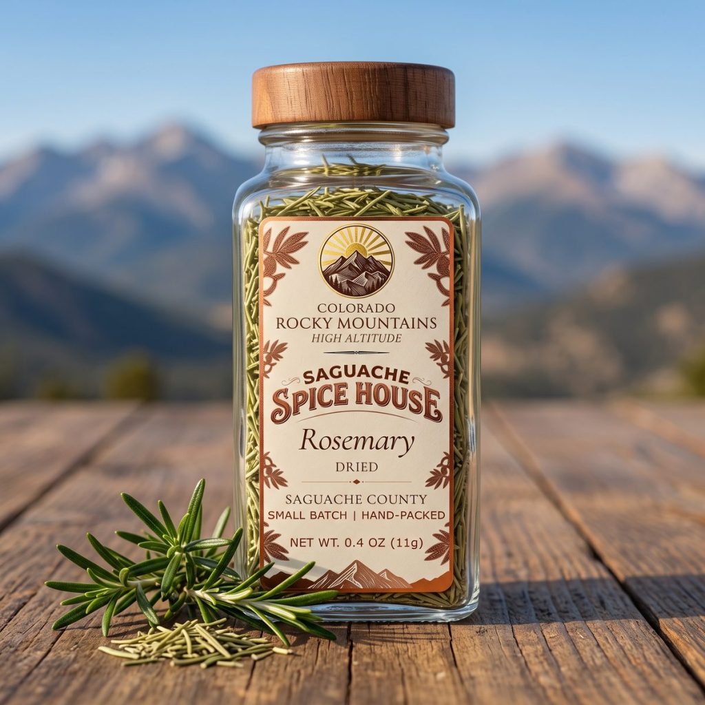 Rosemary, dried, in a Saguache Spice House glass jar with fresh rosemary sprigs on a wooden table