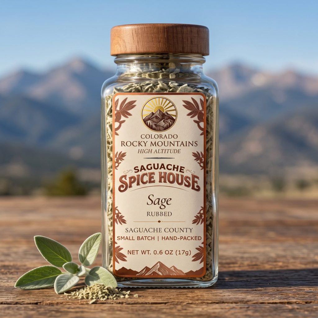 Sage, rubbed, in a Saguache Spice House glass jar with fresh sage leaves on a wooden table