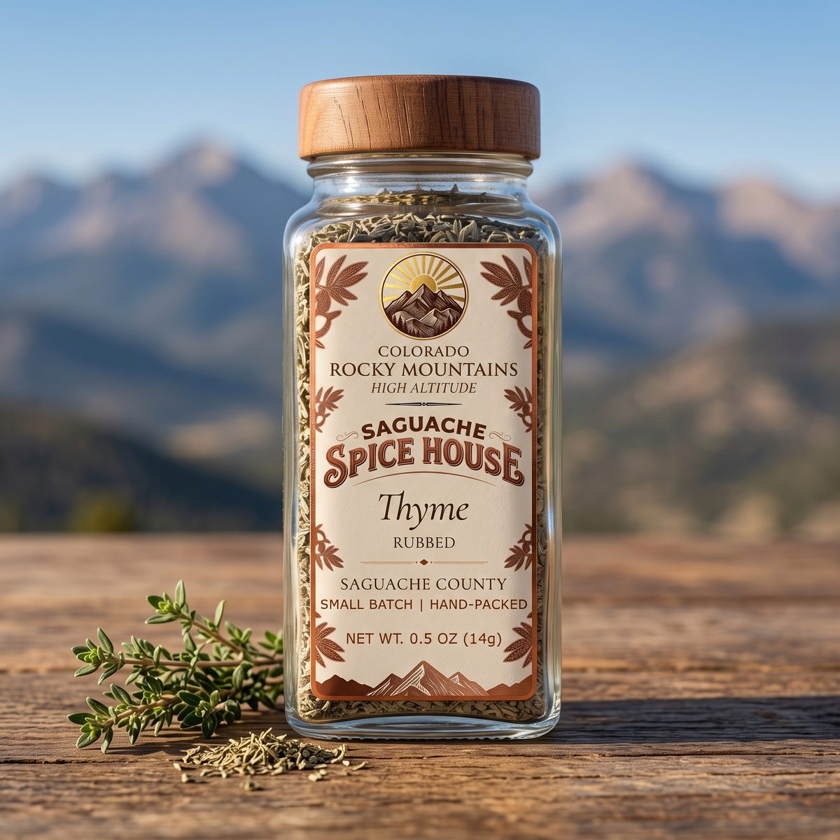 Thyme, rubbed, in a Saguache Spice House glass jar with fresh thyme sprigs on a wooden table
